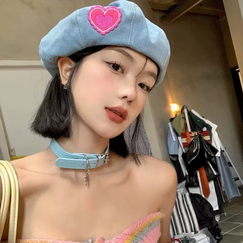 Women's Heart Printed Washed Denim Beret