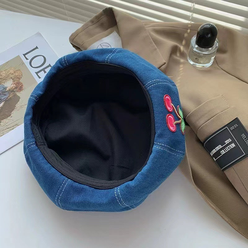 Women's Heart Printed Washed Denim Beret