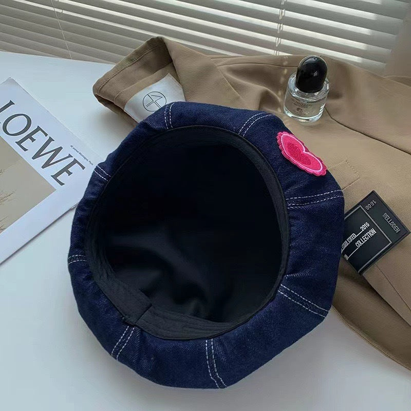 Women's Heart Printed Washed Denim Beret