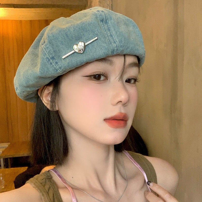 Women's Heart Printed Washed Denim Beret